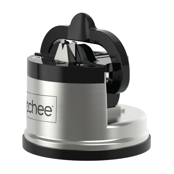 kitchen knife sharpener suction grip for knives blades scissors sharpening tools Silver and black knife sharpener with handle.