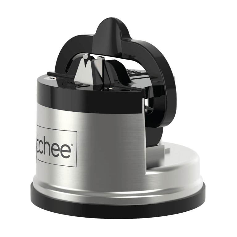kitchen knife sharpener suction grip for knives blades scissors sharpening tools Silver and black knife sharpener with handle.