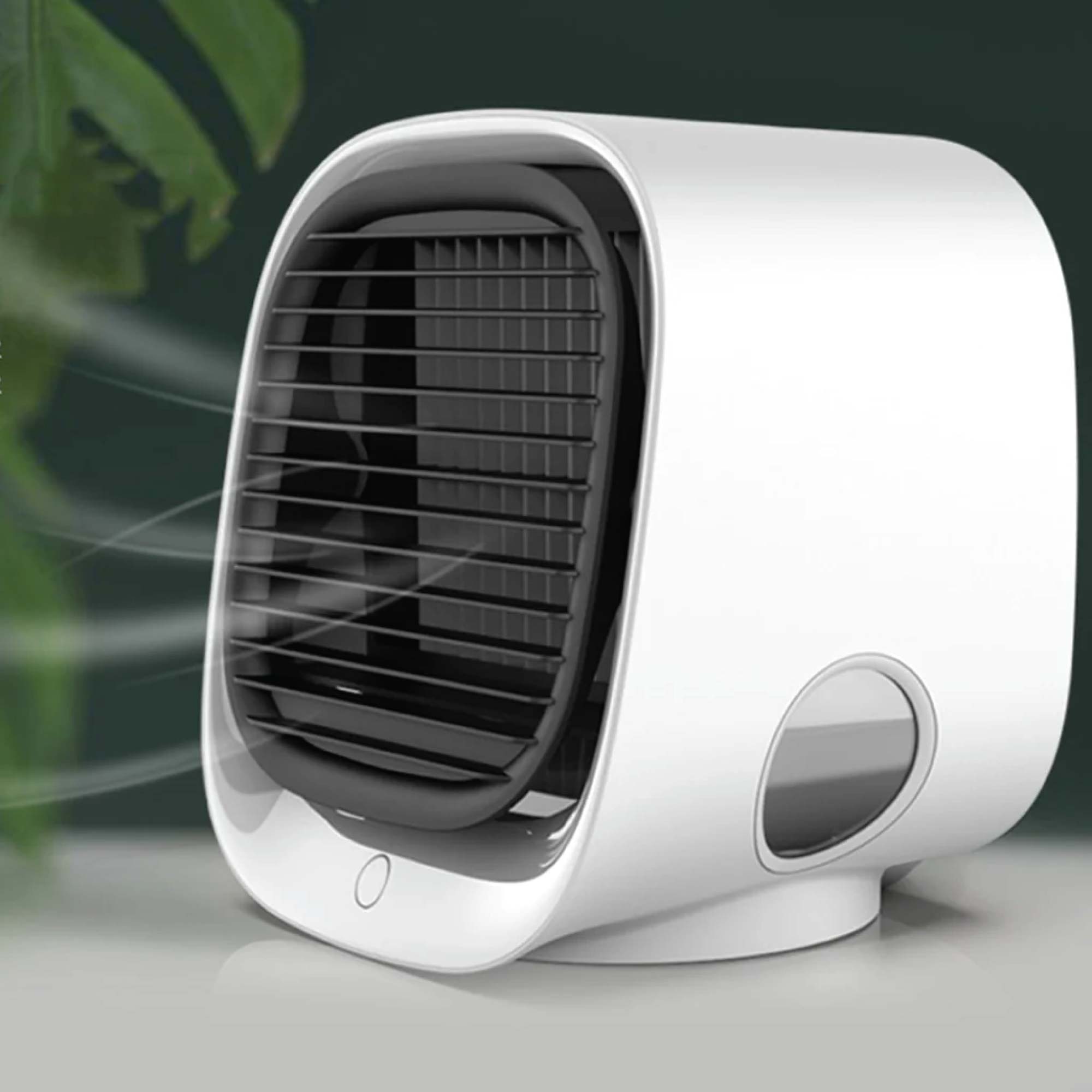 Compact white air cooler on a table