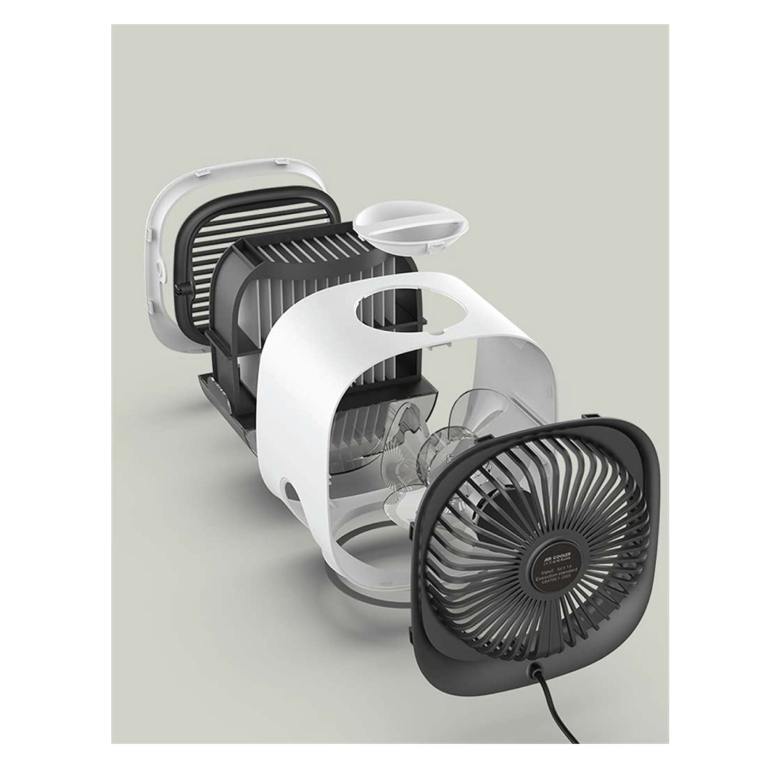 Disassembled fan with visible components on display.