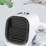 Pouring water into compact air cooler.