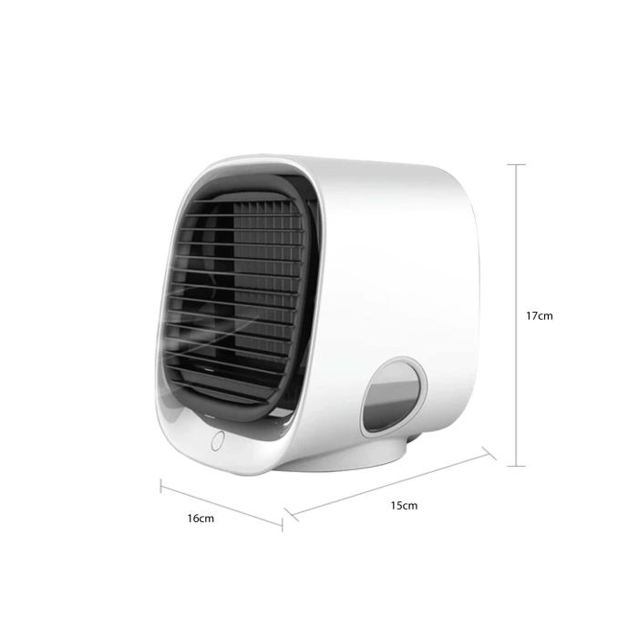 Small white air cooler with dimensions.