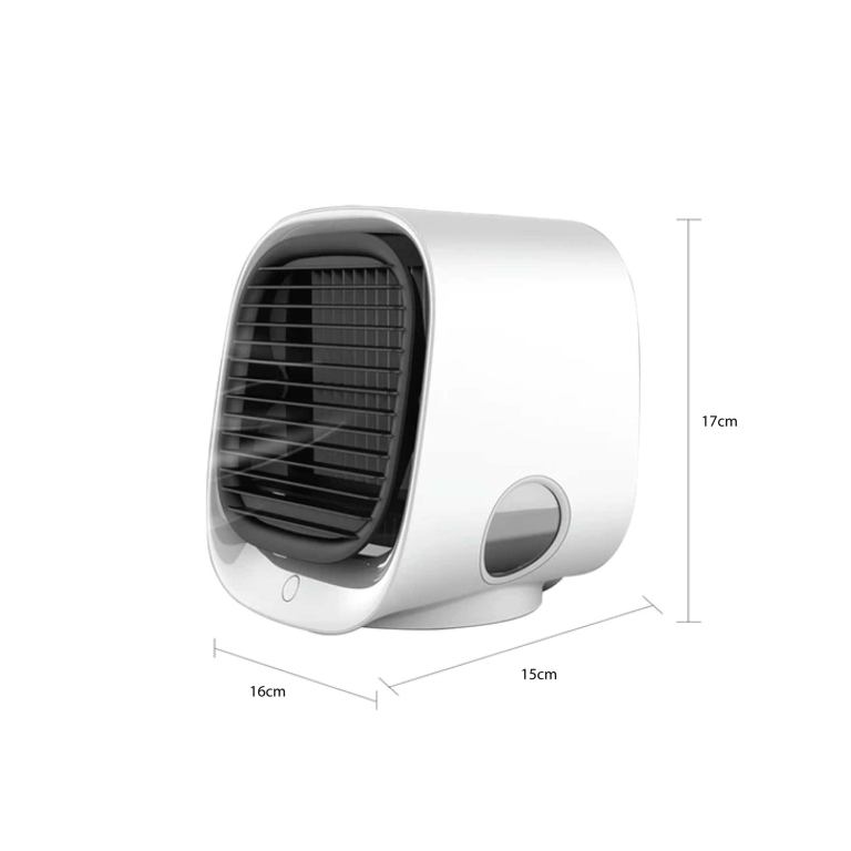 Small white air cooler with dimensions.