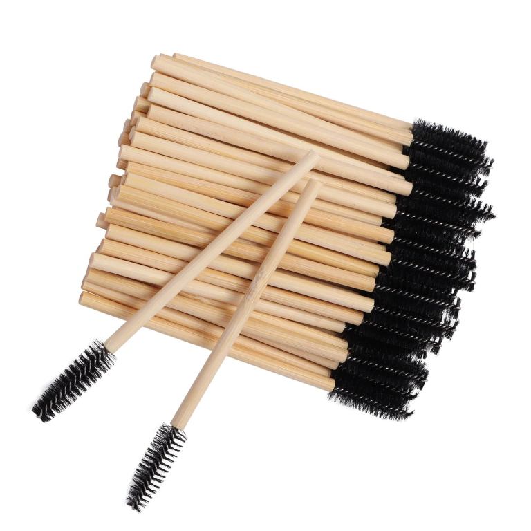 miosh eco friendly disposable eyelash mascara wands spoolies 50pcs Bamboo makeup brush set with black bristles.