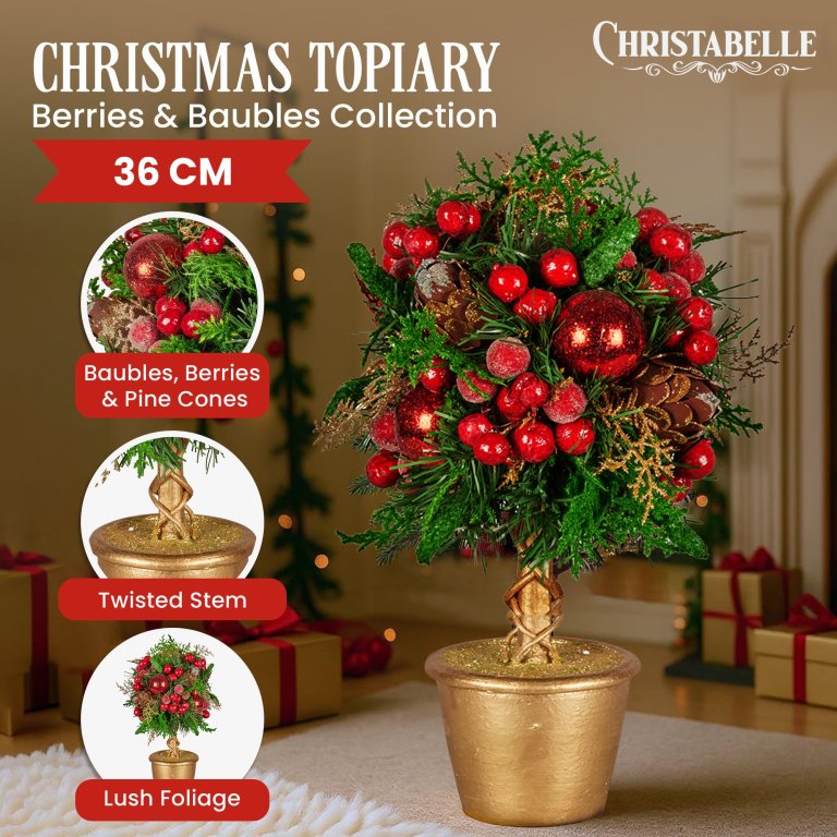 christabelle 36cm christmas tabletop topiary tree pre decorated berries, baubles & pine cones gold pot twisted stem festive decoration christabelle 36cm christmas tabletop topiary tree pre decorated berries, baubles & pine cones gold pot twisted stem festive decoration