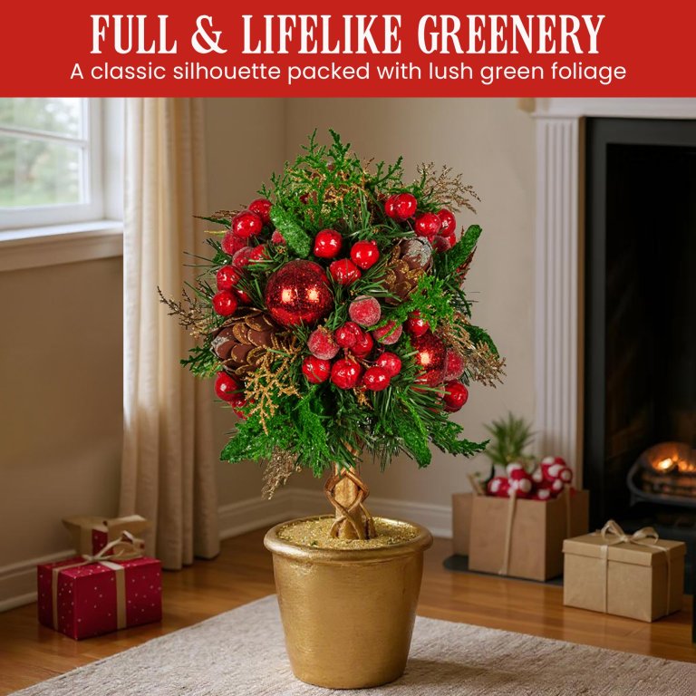 christabelle 36cm christmas tabletop topiary tree pre decorated berries, baubles & pine cones gold pot twisted stem festive decoration christabelle 36cm christmas tabletop topiary tree pre decorated berries, baubles & pine cones gold pot twisted stem festive decoration