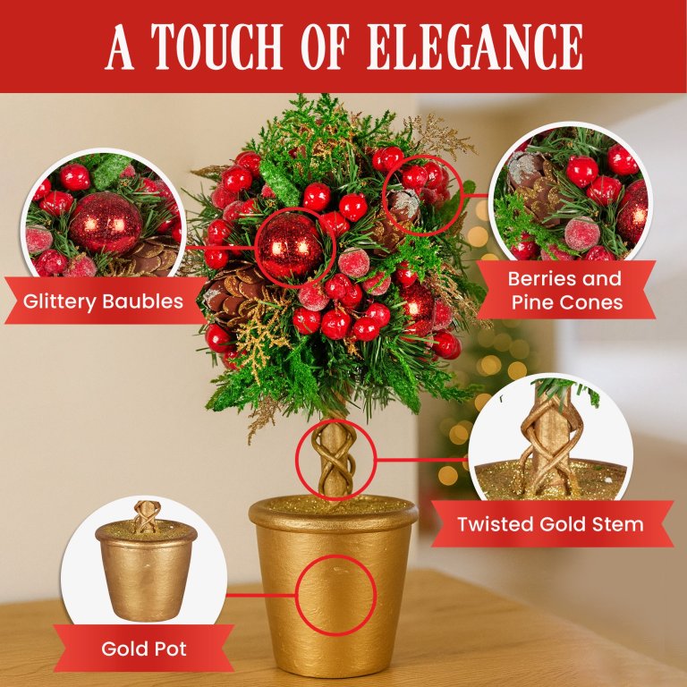 christabelle 36cm christmas tabletop topiary tree pre decorated berries, baubles & pine cones gold pot twisted stem festive decoration christabelle 36cm christmas tabletop topiary tree pre decorated berries, baubles & pine cones gold pot twisted stem festive decoration