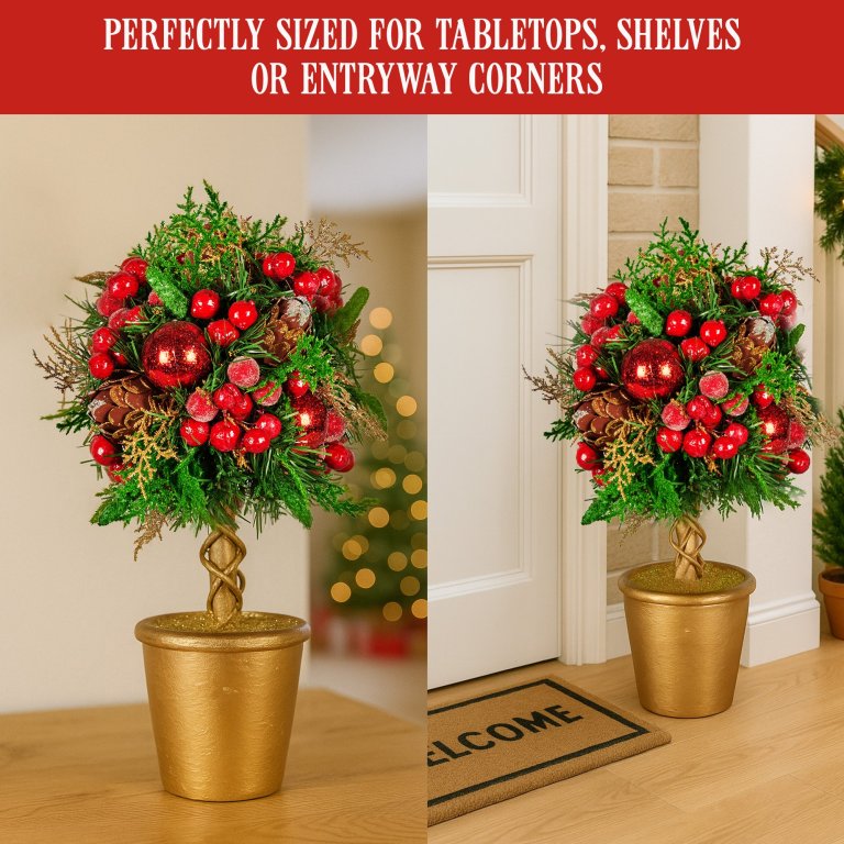 christabelle 36cm christmas tabletop topiary tree pre decorated berries, baubles & pine cones gold pot twisted stem festive decoration christabelle 36cm christmas tabletop topiary tree pre decorated berries, baubles & pine cones gold pot twisted stem festive decoration