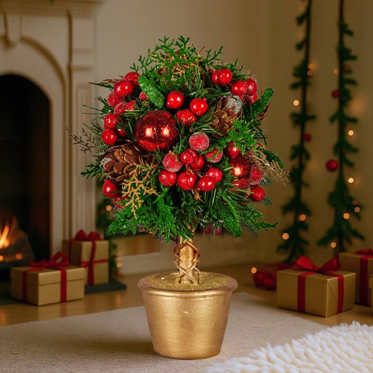 christabelle 36cm christmas tabletop topiary tree pre decorated berries, baubles & pine cones gold pot twisted stem festive decoration christabelle 36cm christmas tabletop topiary tree pre decorated berries, baubles & pine cones gold pot twisted stem festive decoration