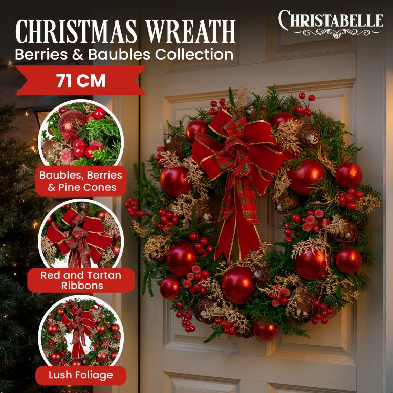 christabelle 71cm christmas wreath lush green holiday door wreath with red berries, baubles & pine cones pre decorated festive wall or front door decoration