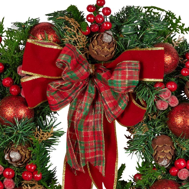christabelle 71cm christmas wreath lush green holiday door wreath with red berries, baubles & pine cones pre decorated festive wall or front door decoration