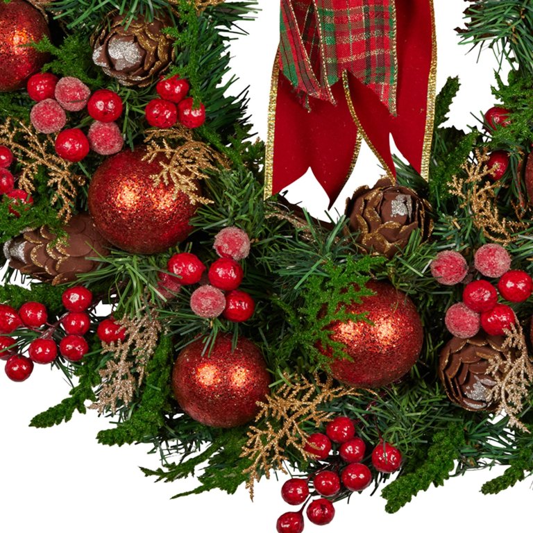 christabelle 71cm christmas wreath lush green holiday door wreath with red berries, baubles & pine cones pre decorated festive wall or front door decoration