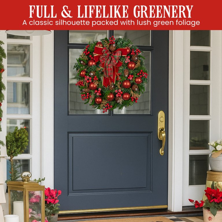 christabelle 71cm christmas wreath lush green holiday door wreath with red berries, baubles & pine cones pre decorated festive wall or front door decoration