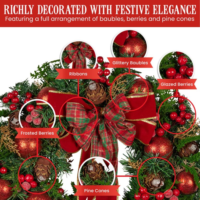 christabelle 71cm christmas wreath lush green holiday door wreath with red berries, baubles & pine cones pre decorated festive wall or front door decoration