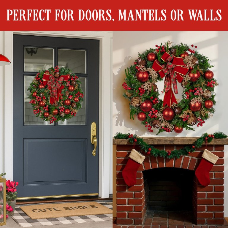 christabelle 71cm christmas wreath lush green holiday door wreath with red berries, baubles & pine cones pre decorated festive wall or front door decoration