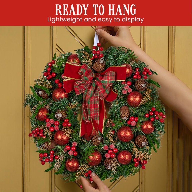 christabelle 71cm christmas wreath lush green holiday door wreath with red berries, baubles & pine cones pre decorated festive wall or front door decoration