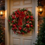christabelle 71cm christmas wreath lush green holiday door wreath with red berries, baubles & pine cones pre decorated festive wall or front door decoration