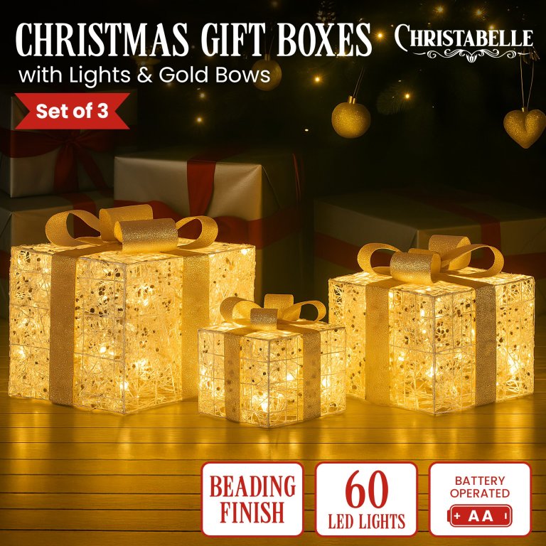 christabelle set of 3 battery operated golden christmas gift boxes w/warm white led lights indoor decorative holiday christabelle set of 3 battery operated golden christmas gift boxes w/warm white led lights indoor decorative holiday