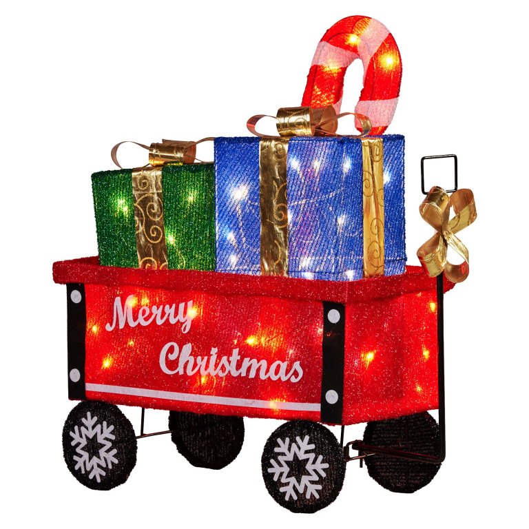 christabelle christmas cart display w/candy cane & presents warm white led lights wire frame structure indoor & outdoor