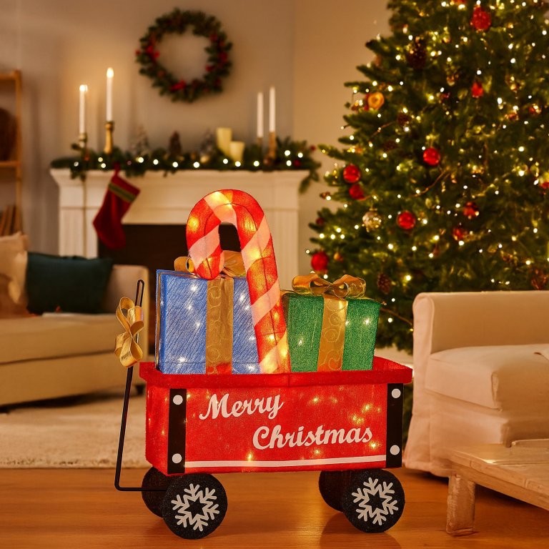 christabelle christmas cart display w/candy cane & presents warm white led lights wire frame structure indoor & outdoor