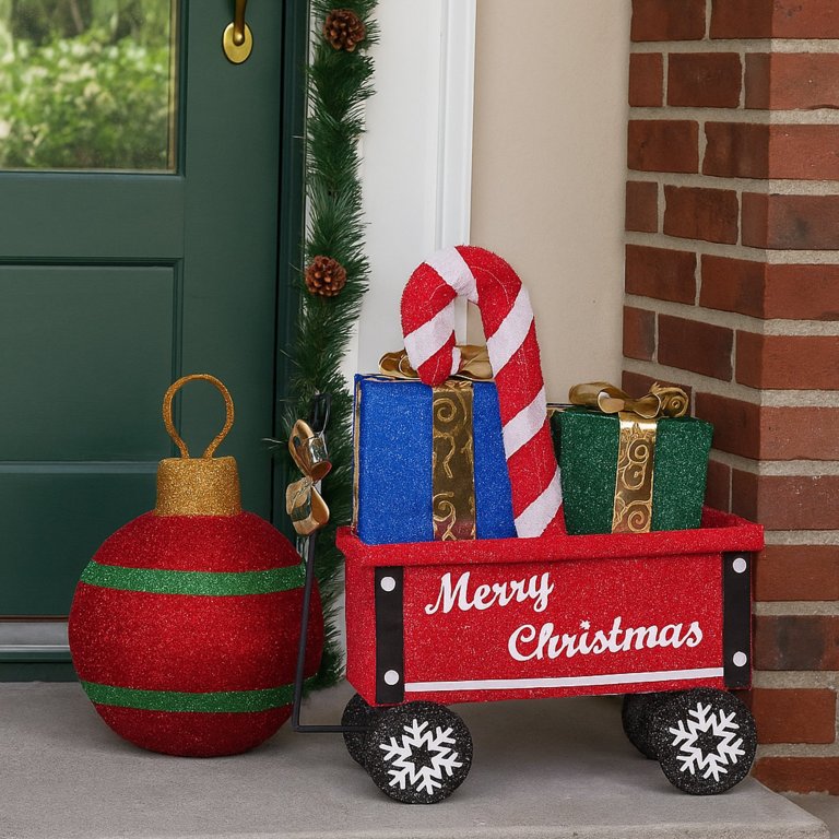 christabelle christmas cart display w/candy cane & presents warm white led lights wire frame structure indoor & outdoor