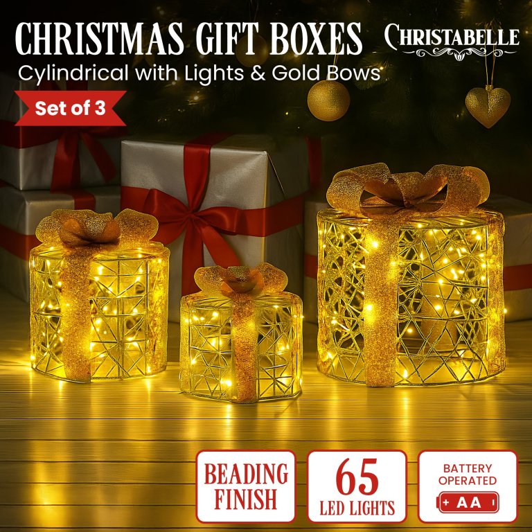 christabelle set of 3 battery operated golden cylindrical christmas gift boxes w/warm led lights indoor holiday present