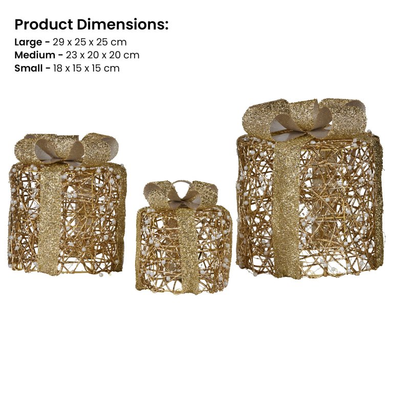 christabelle set of 3 battery operated golden cylindrical christmas gift boxes w/warm led lights indoor holiday present