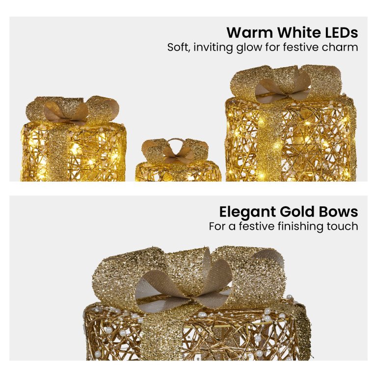 christabelle set of 3 battery operated golden cylindrical christmas gift boxes w/warm led lights indoor holiday present