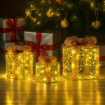 christabelle set of 3 battery operated golden cylindrical christmas gift boxes w/warm led lights indoor holiday present