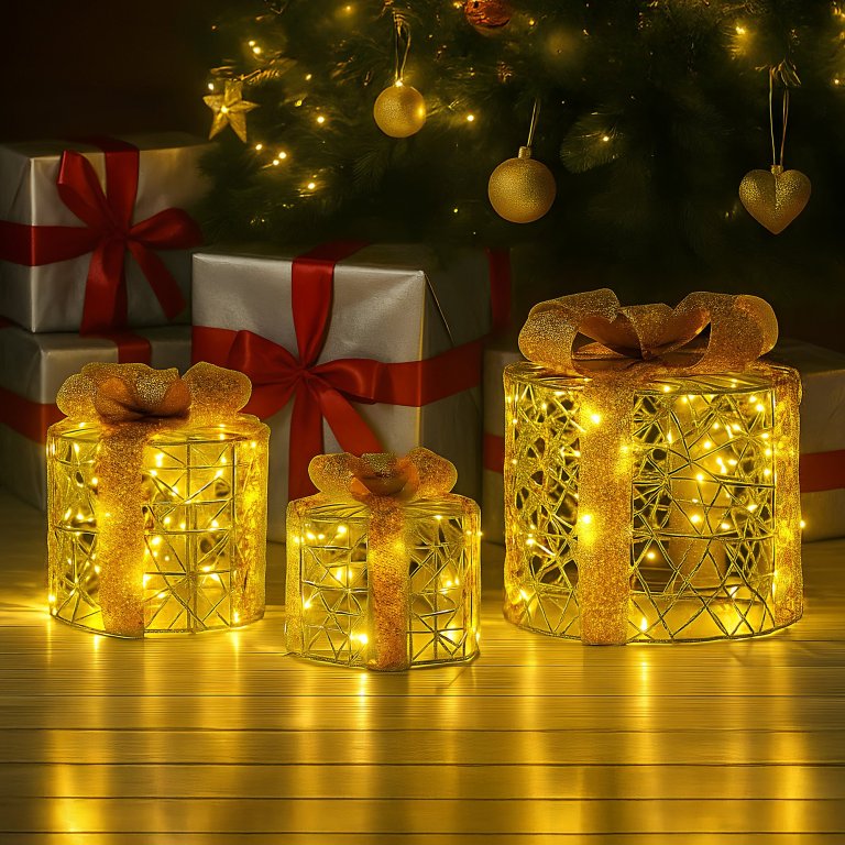 christabelle set of 3 battery operated golden cylindrical christmas gift boxes w/warm led lights indoor holiday present
