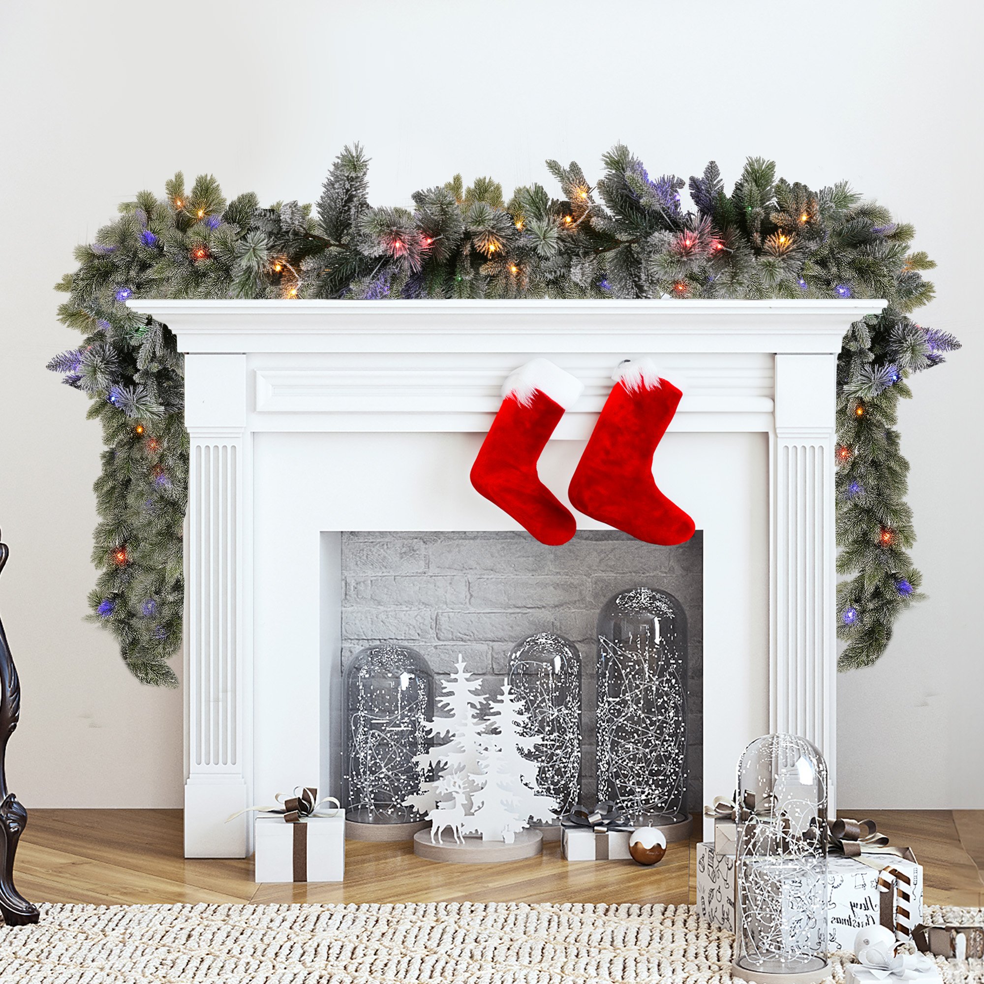 national tree company 274cm pre lit snowy stamford spruce battery operated christmas garland w/led lights & timer