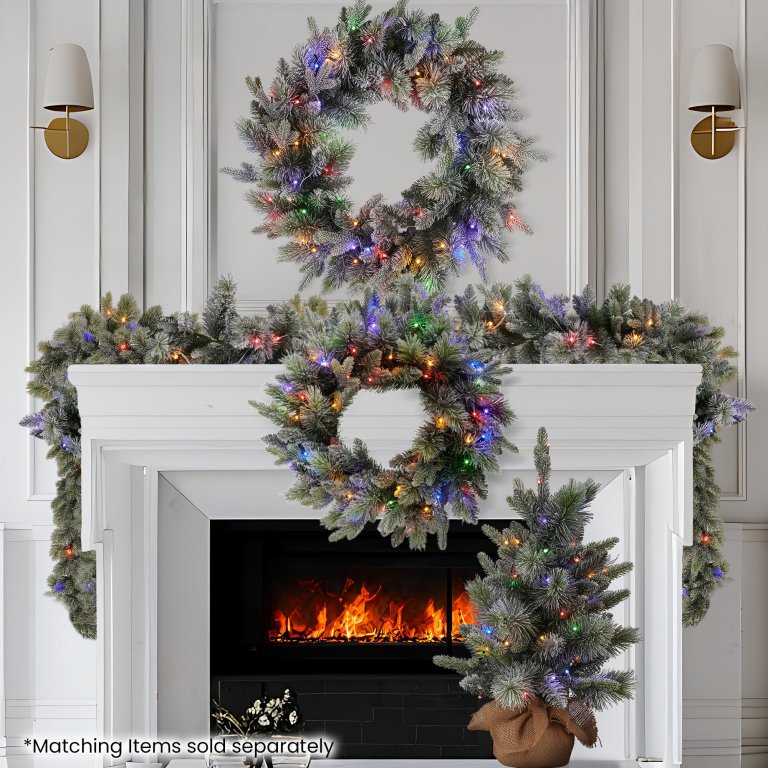national tree company 274cm pre lit snowy stamford spruce battery operated christmas garland w/led lights & timer