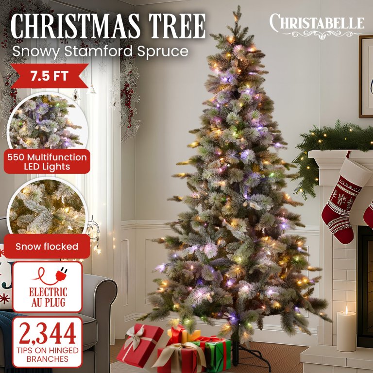 national tree company snowy stamford spruce 7.5ft christmas tree multi functional white coloured led lights & foot pedal