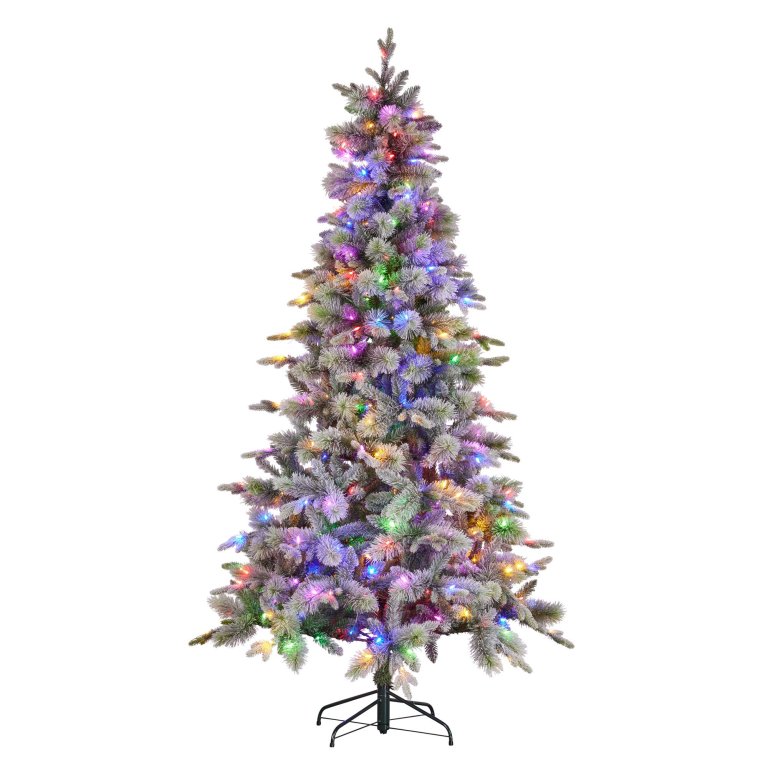 national tree company snowy stamford spruce 7.5ft christmas tree multi functional white coloured led lights & foot pedal