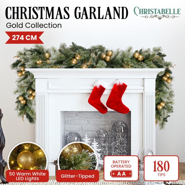 christabelle 274cm pre lit christmas garland gold baubles aa battery led lights christabelle 274cm pre lit christmas garland gold baubles aa battery led lights