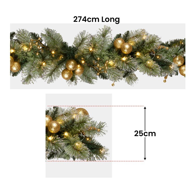 christabelle 274cm pre lit christmas garland gold baubles aa battery led lights