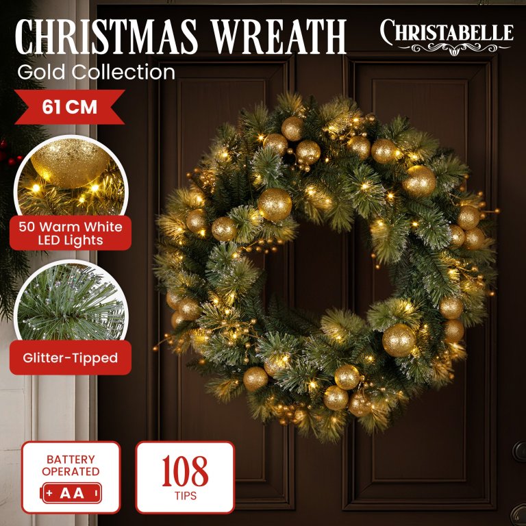 christabelle 61cm christmas wreath battery operated warm white light gold bauble