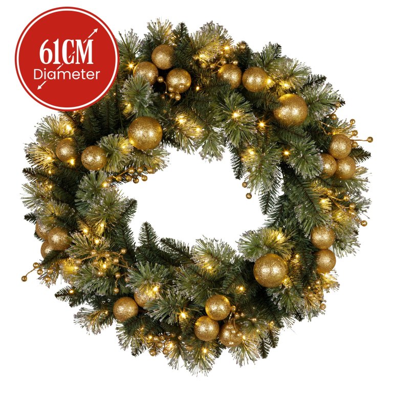 christabelle 61cm christmas wreath battery operated warm white light gold bauble