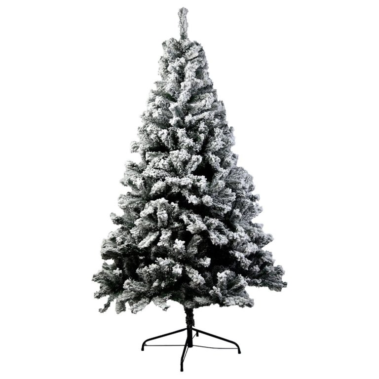 Snowy artificial Christmas tree on a stand.