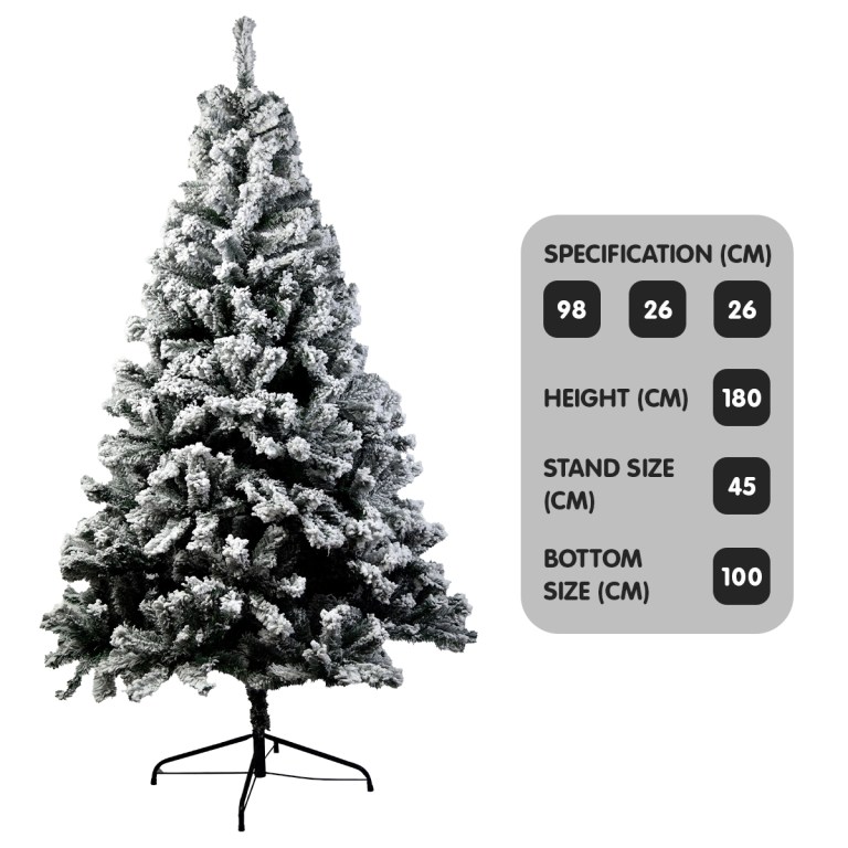 Snowy artificial Christmas tree with dimensions chart.