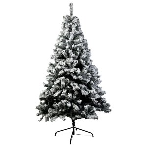 Snow-covered artificial Christmas tree on stand.