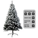 Snowy artificial Christmas tree with specifications.