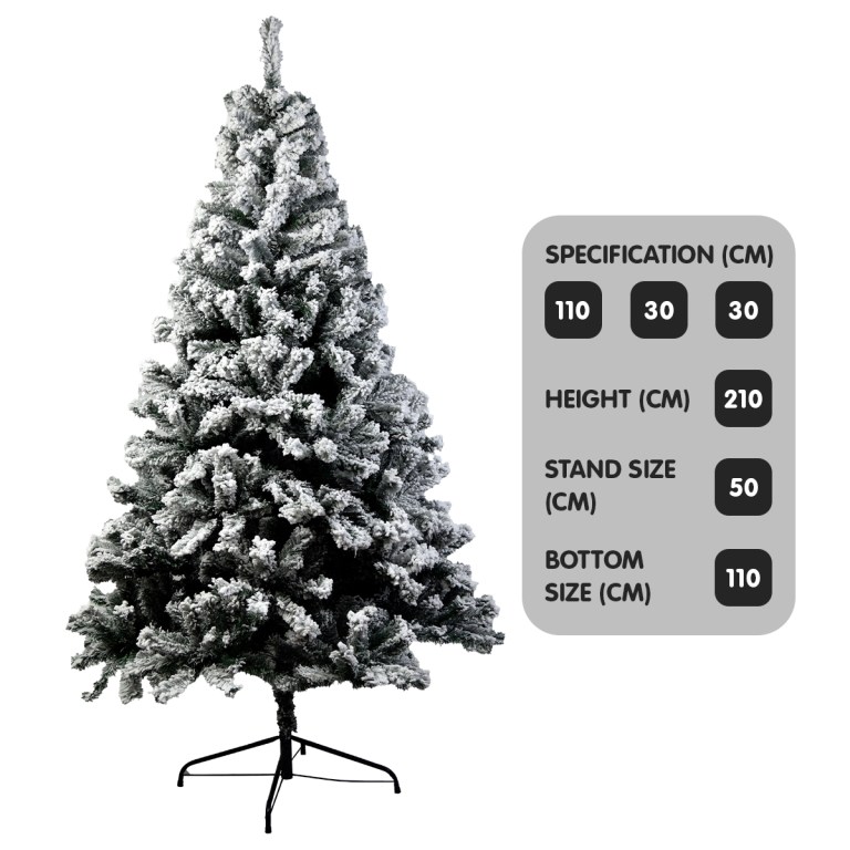 Snowy artificial Christmas tree with specifications.