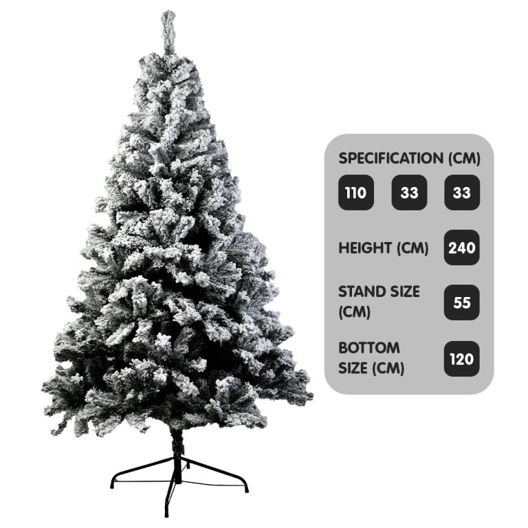 240cm snowy artificial Christmas tree with specifications.
