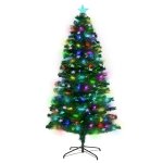 Colourful Christmas tree with lights and star topper.
