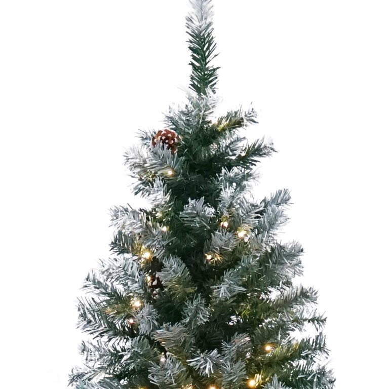 Decorated Christmas tree with lights and snow accents.
