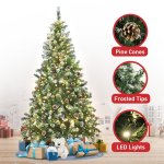Christmas tree with lights, pine cones, frosted tips.