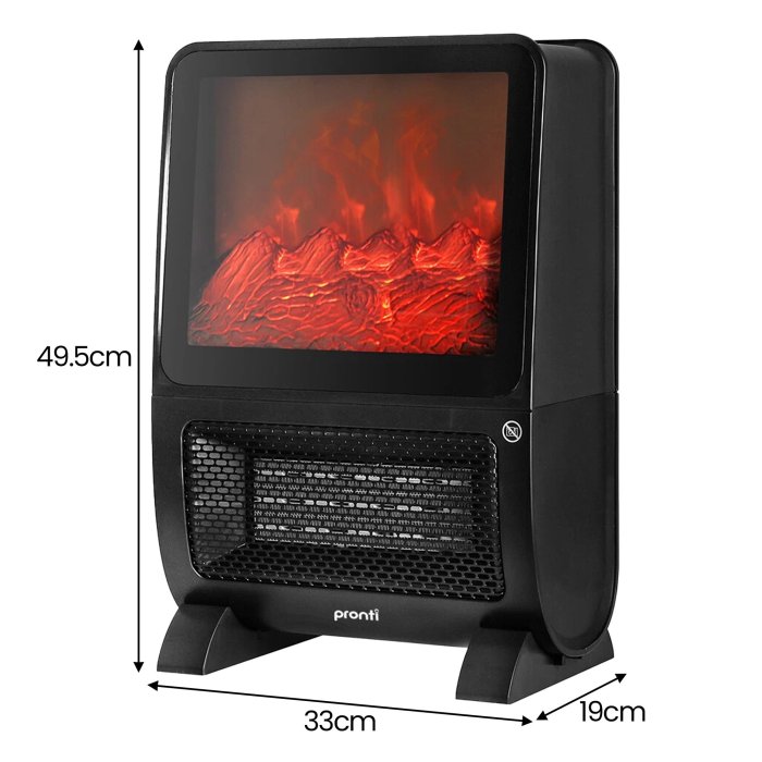 pronti 2000w 3d fire ptc electric portable room heater Black electric heater with realistic flame effect, dimensions shown.