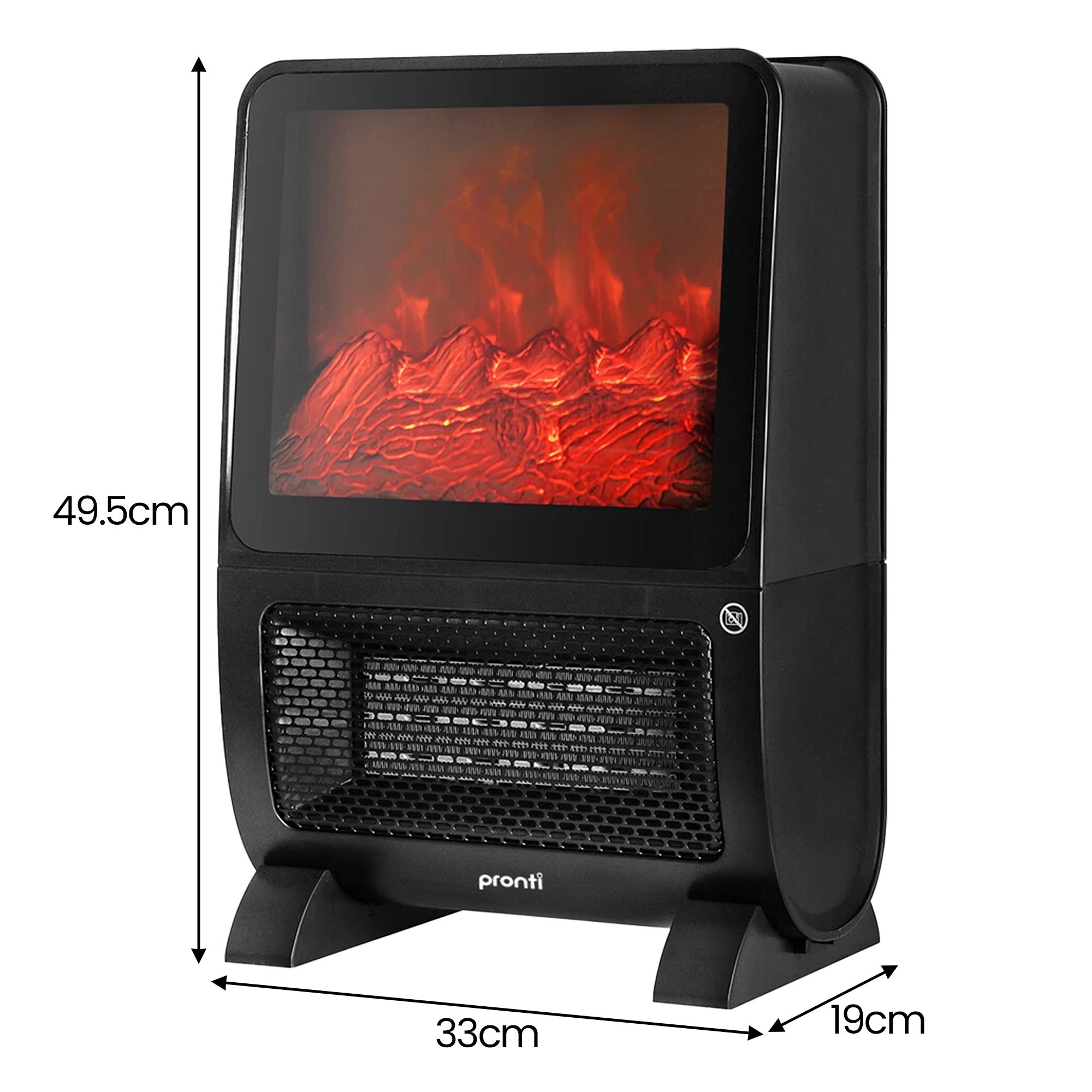 Black electric heater with realistic flame effect, dimensions shown.