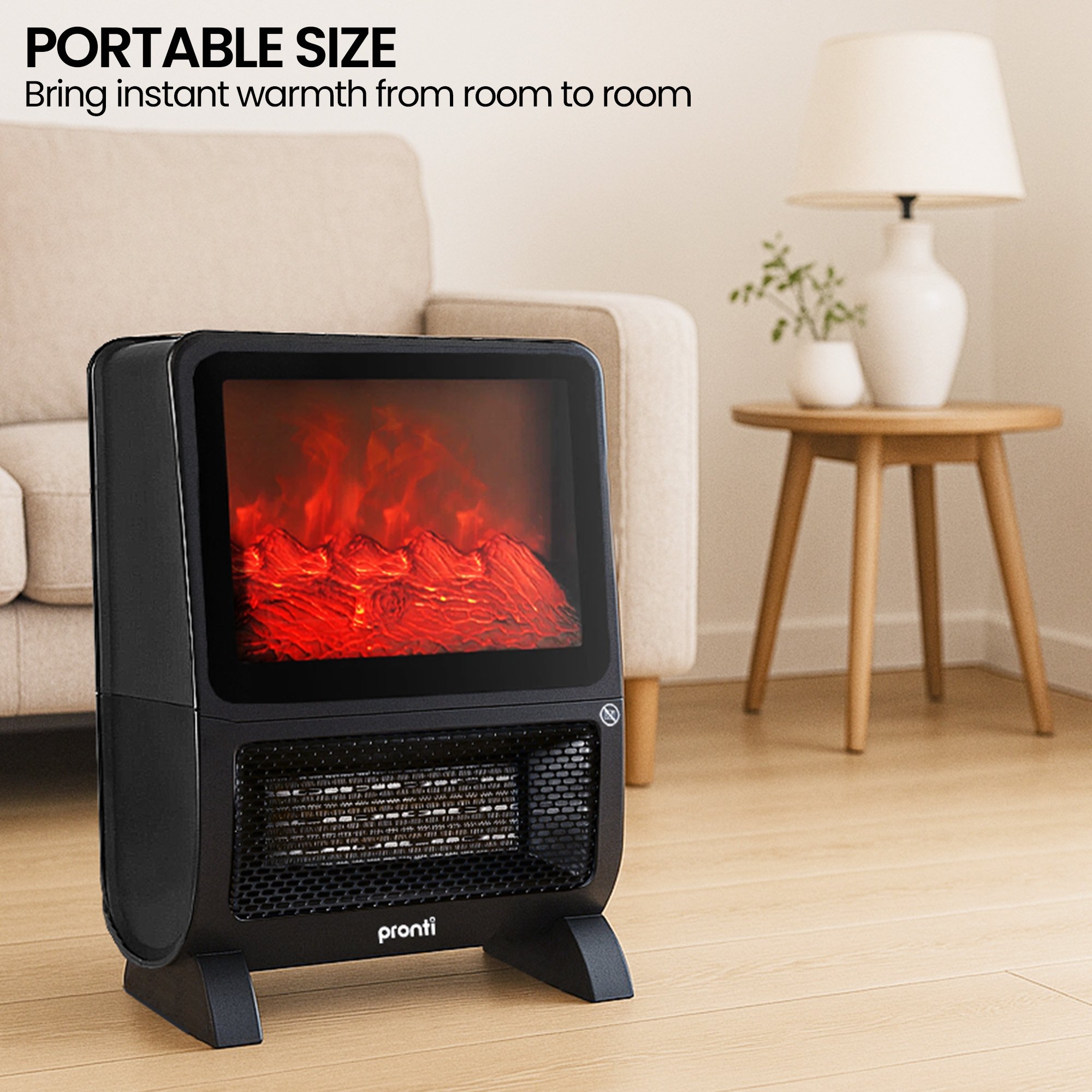 Portable heater in cosy living room setting.